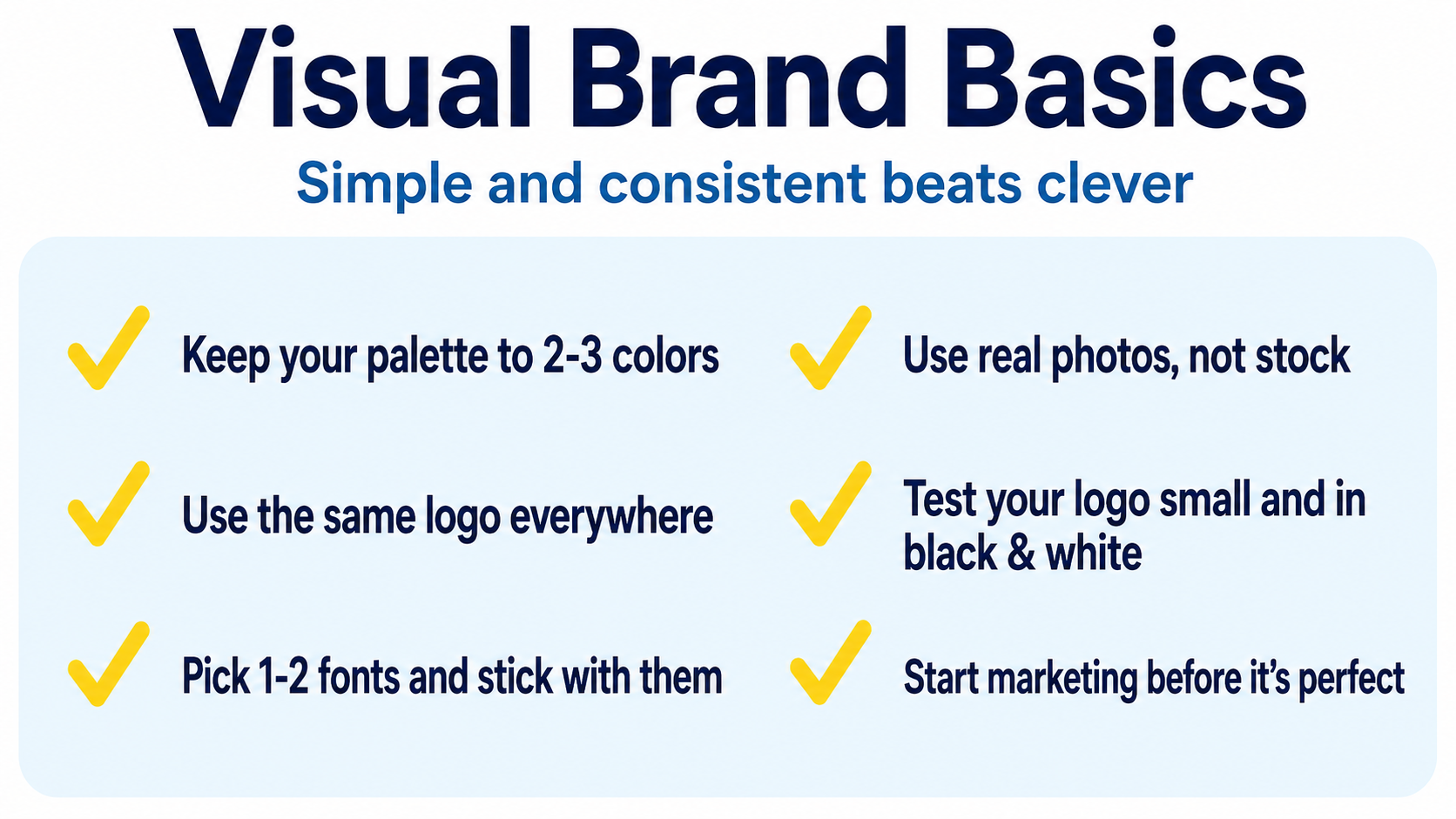 Checklist titled Visual Brand Basics with six branding tips marked by yellow checkmarks on a light blue panel