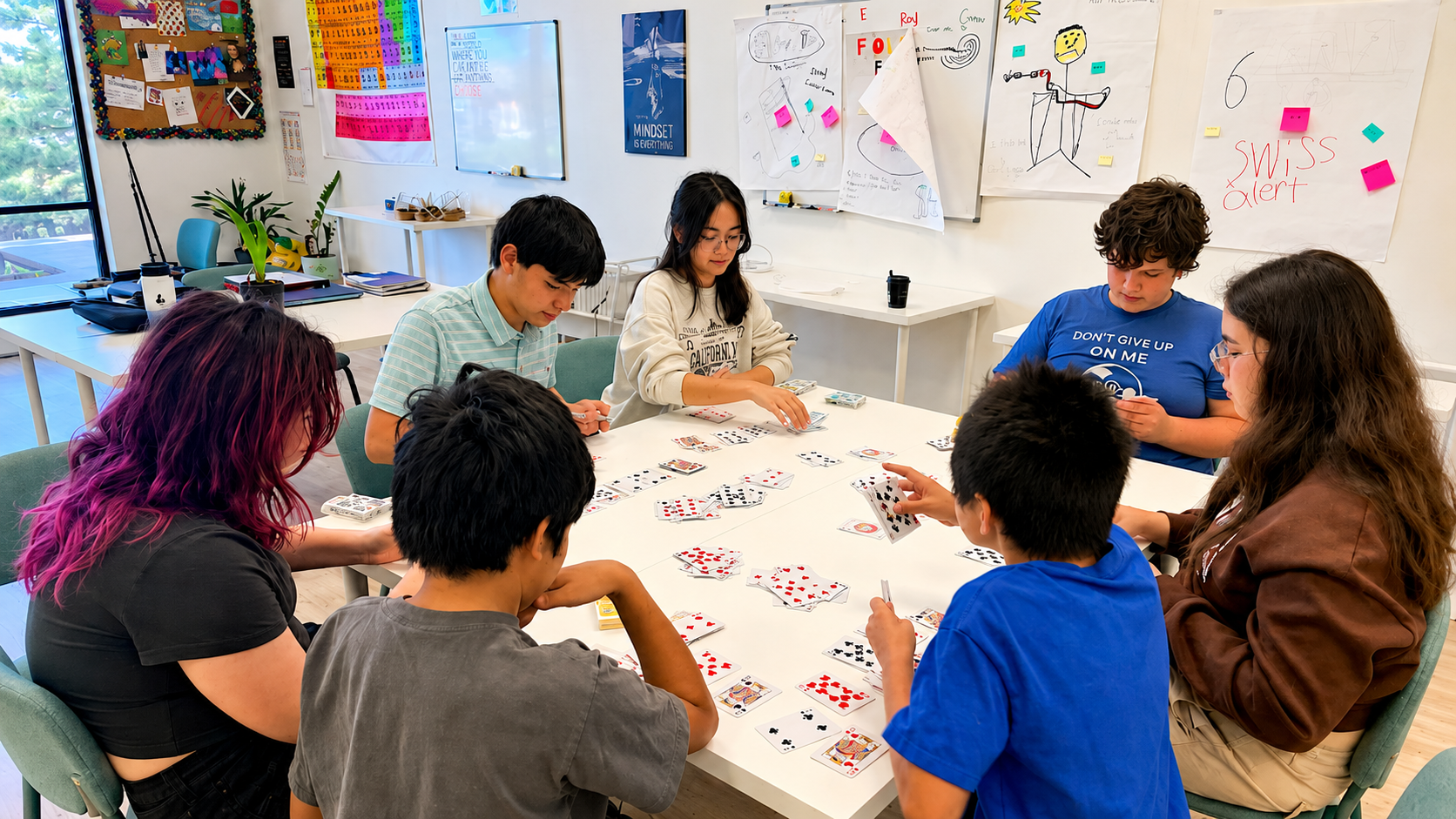 Teen card game in classroom setting