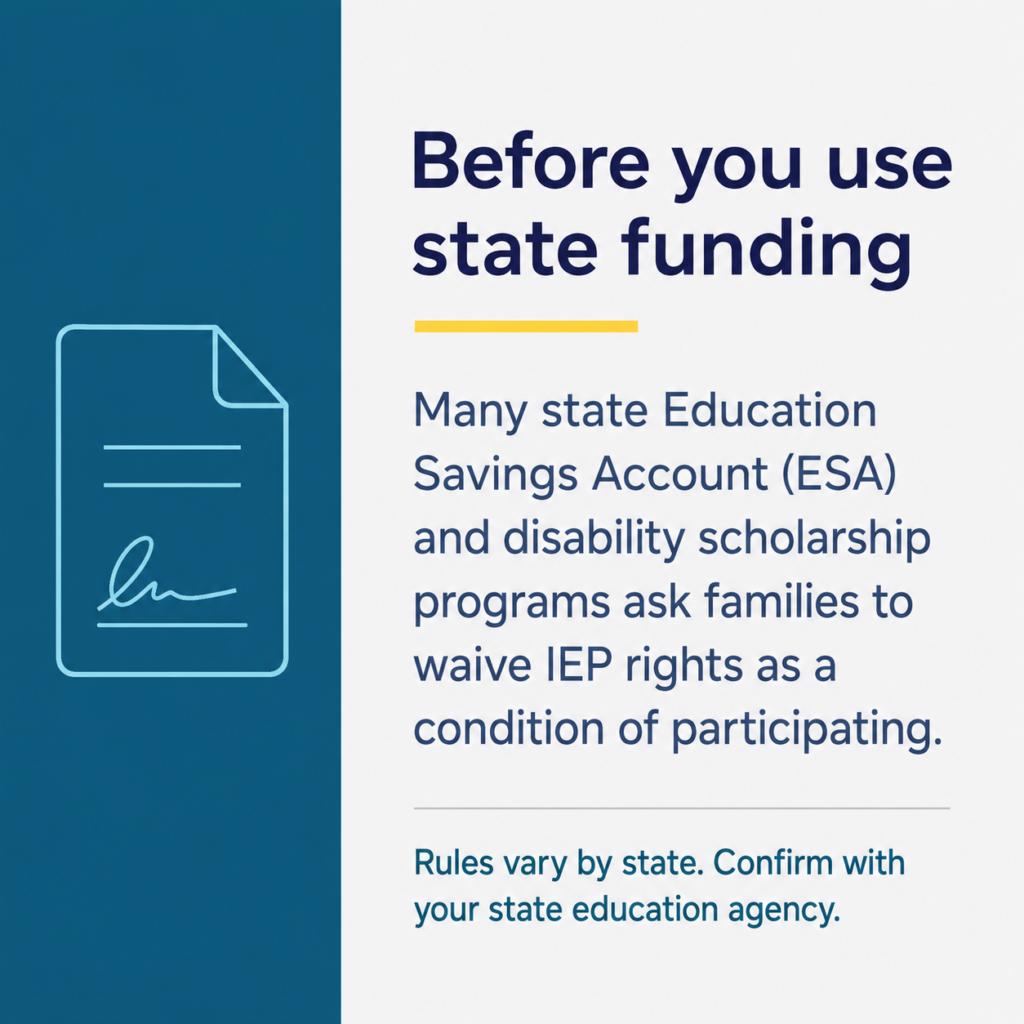 Fact card explaining that many state education savings account programs ask families to waive IEP rights to participate