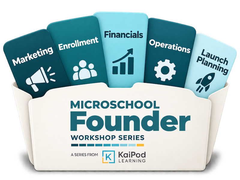 Microschool Founder Webinar Series showing Marketing, Enrollment, Financials, Operations, & Launch Planning cards coming out of a folder